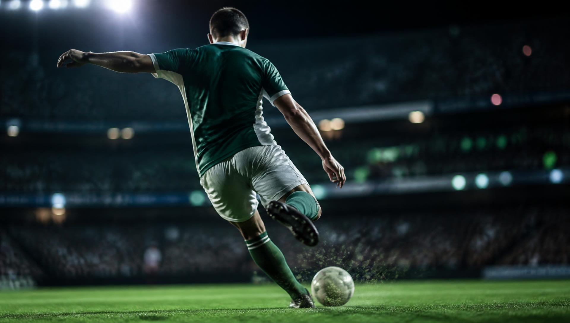 Footballer striking the ball under stadium floodlights